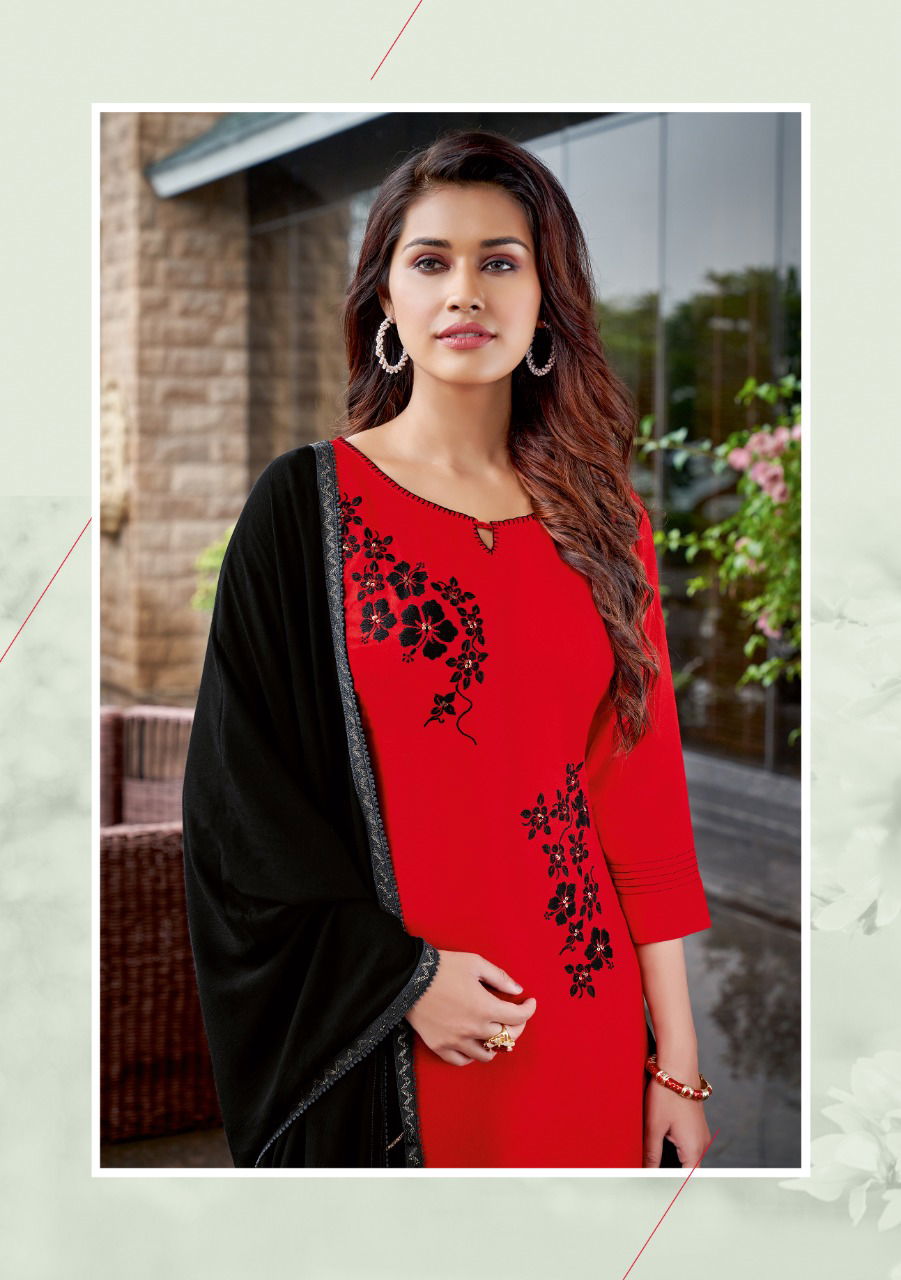 Kadlee Belliza Fancy Festive Wear Rayon Kurti With Sharara And Dupatta Collection